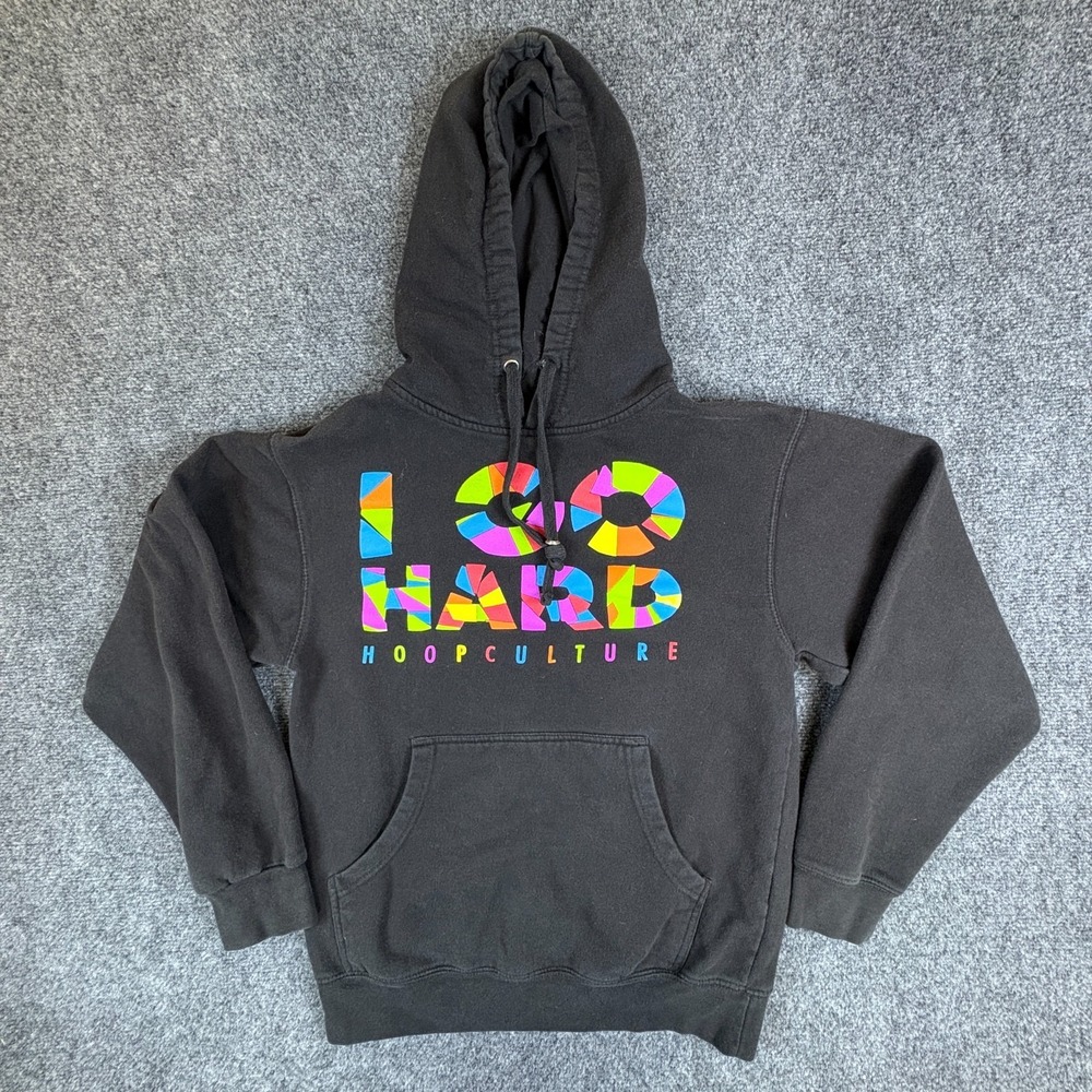 Hoop Culture I Go Hard Hoodie Mens Small Black Rainbow Logo Fleece Lined Cotton